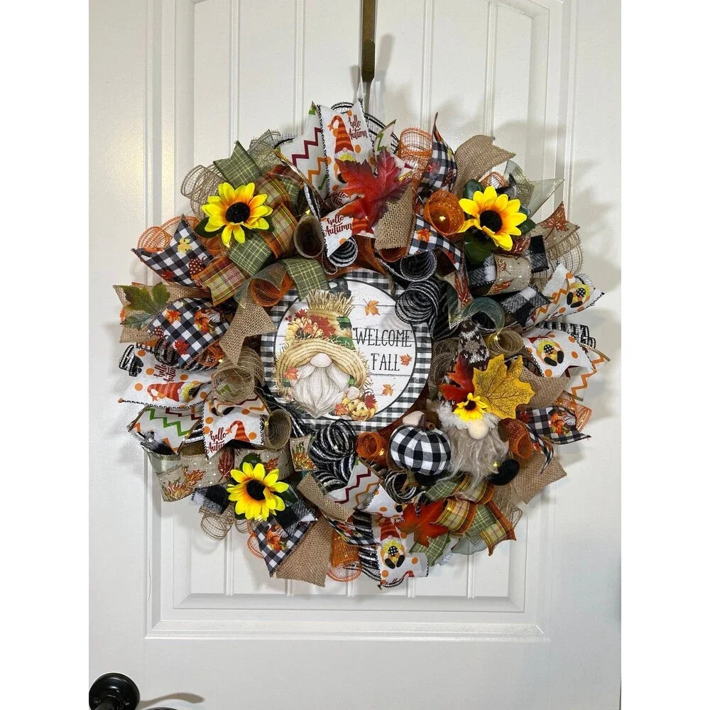 Handmade Autumn Fall Ribbon Wreath Welcome Gnome 22 in’s. Thanksgiving w11